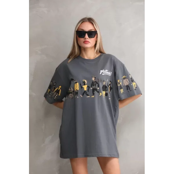 Unisex Bisiklet Yaka Baskılı Oversize Thirt  Gri