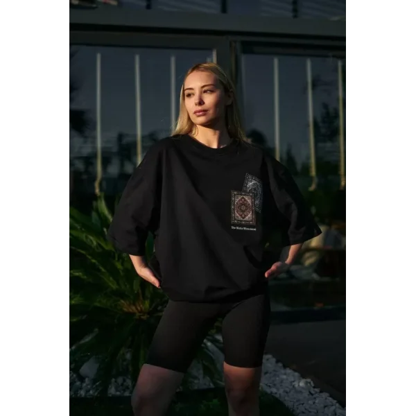 Unisex Bisiklet Yaka Baskılı Oversize Thirt  iyah