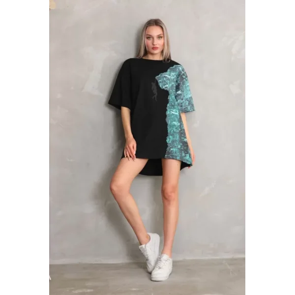 Unisex Bisiklet Yaka Baskılı Oversize Thirt  iyah