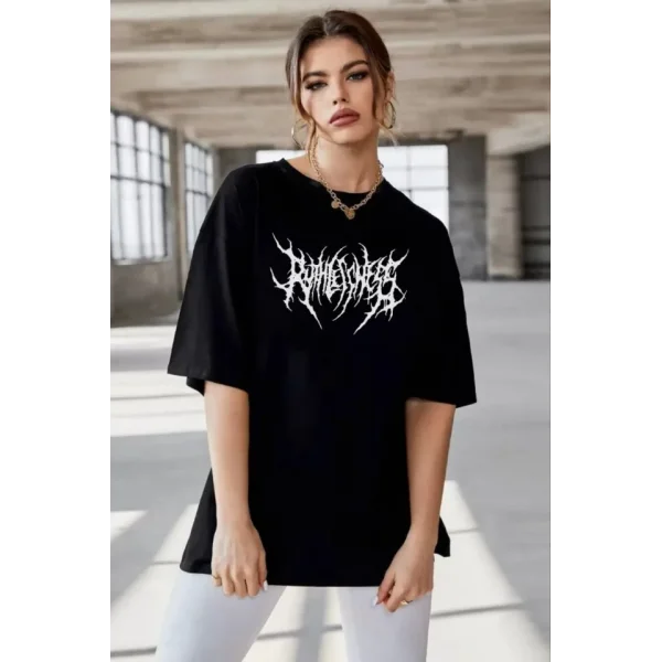 Unisex Bisiklet Yaka Baskılı Oversize Thirt  iyah