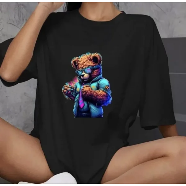 Unisex Bisiklet Yaka Baskılı Oversize Thirt  iyah