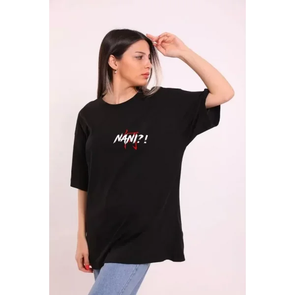 Unisex Bisiklet Yaka Baskılı Oversize Thirt  iyah