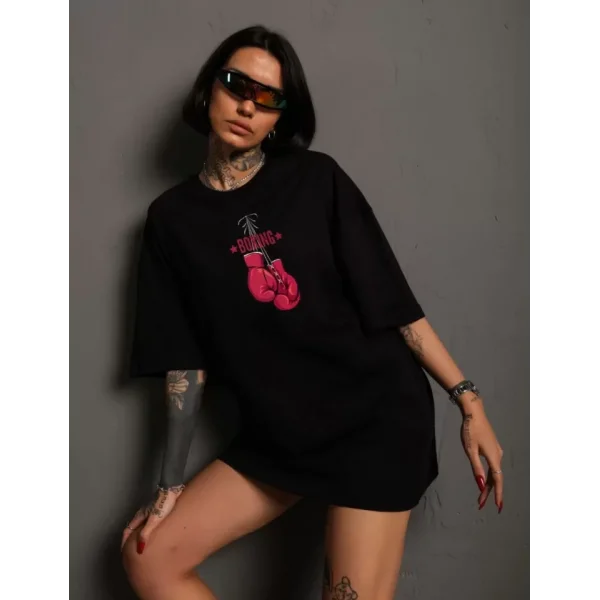 Unisex Bisiklet Yaka Baskılı Oversize Thirt  iyah