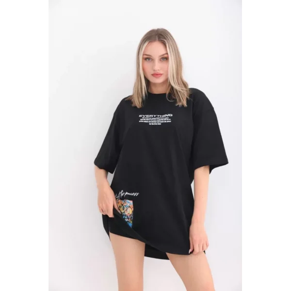 Unisex Bisiklet Yaka Baskılı Oversize Thirt  iyah