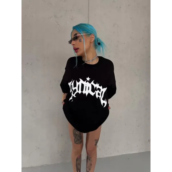 Unisex Bisiklet Yaka Baskılı Oversize Thirt  iyah