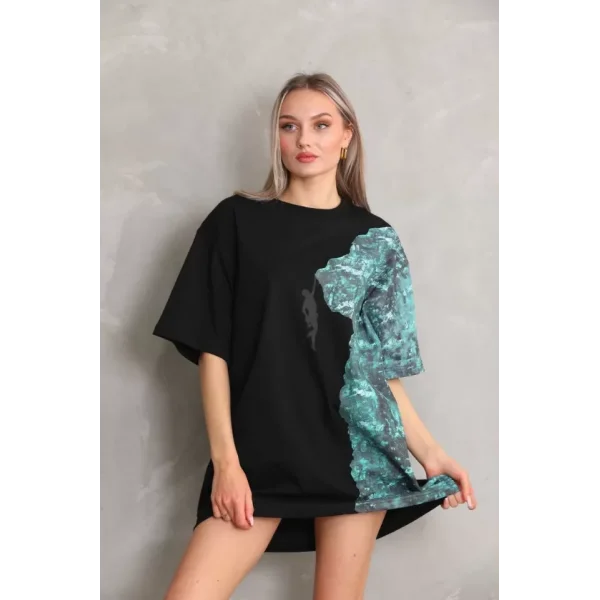 Unisex Bisiklet Yaka Baskılı Oversize Thirt  iyah