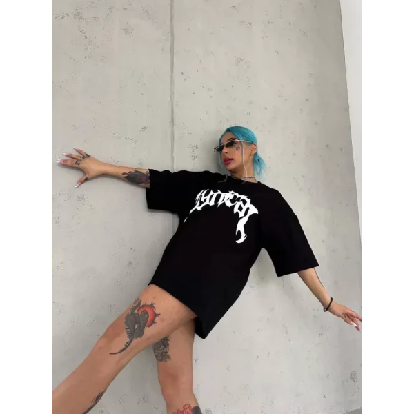 Unisex Bisiklet Yaka Baskılı Oversize Thirt  iyah