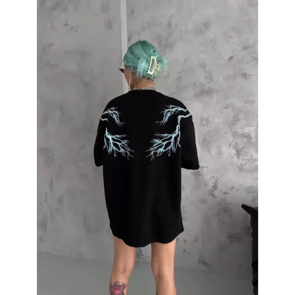 Unisex Bisiklet Yaka Baskılı Oversize Thirt  iyah