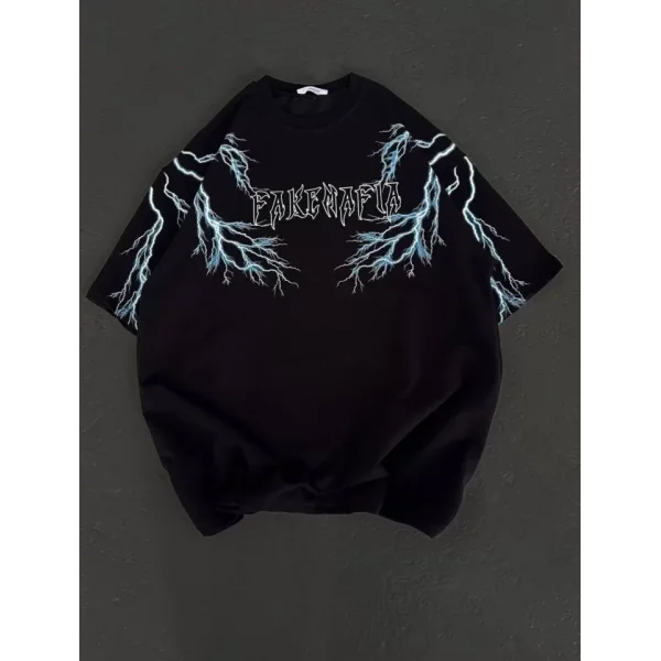 Unisex Bisiklet Yaka Baskılı Oversize Thirt  iyah