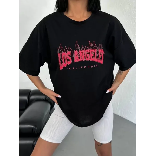 Unisex Bisiklet Yaka Baskılı Oversize Thirt  iyah