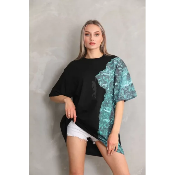 Unisex Bisiklet Yaka Baskılı Oversize Thirt  iyah