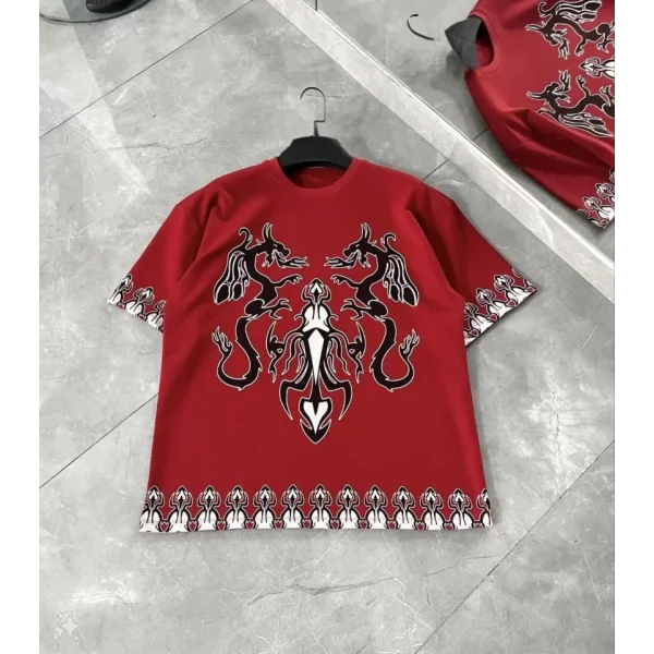 Unisex Bisiklet Yaka Baskılı Oversize Thirt  Kırmızı