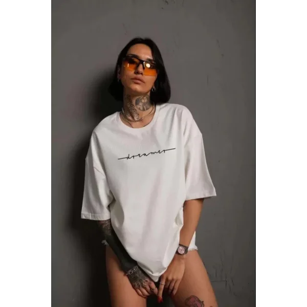 Unisex Bisiklet Yaka Baskılı Thirt  Beyaz