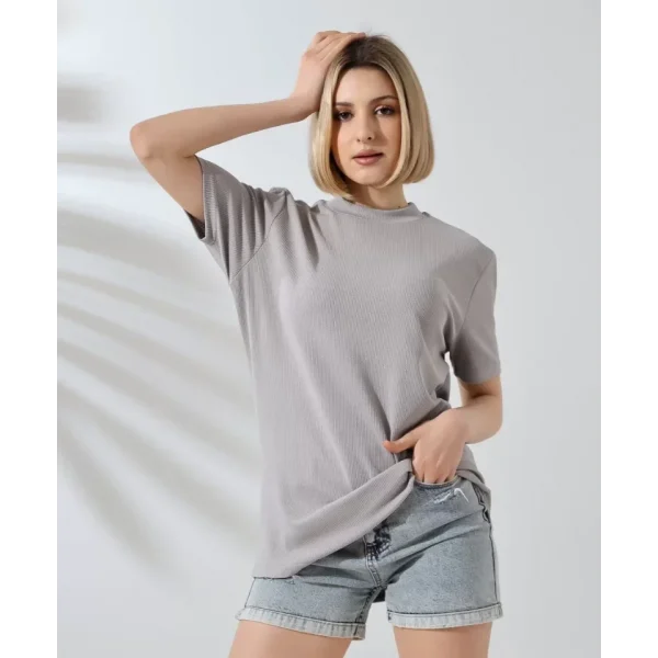 Unisex Bisiklet Yaka lim Fit Thirt  Boyalı Gri