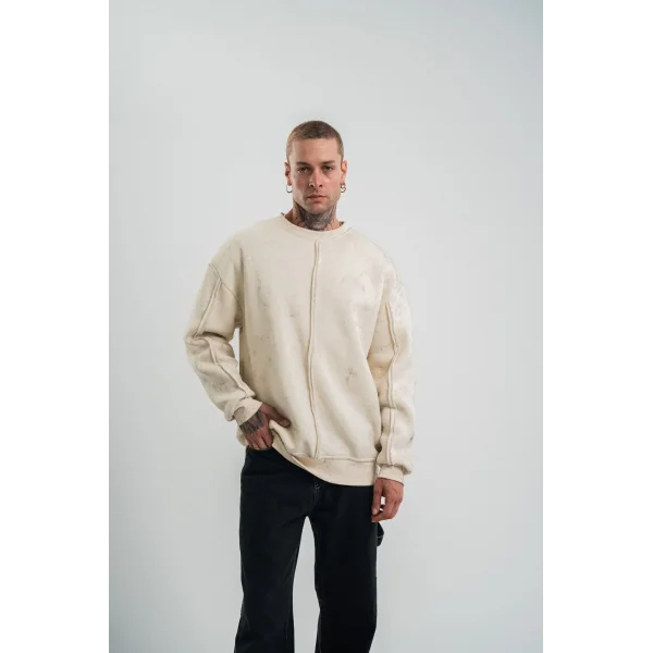 Unisex Bisiklet Yaka Özel Pis Dikişli Yıkamalı SweatShirt - Bej