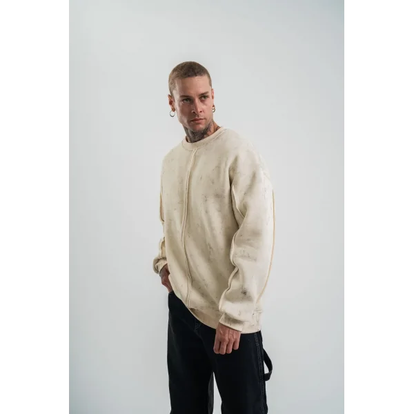 Unisex Bisiklet Yaka Özel Pis Dikişli Yıkamalı SweatShirt - Bej