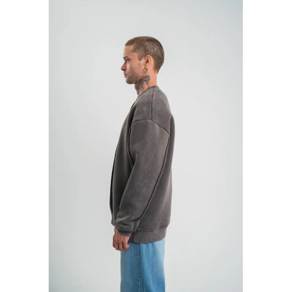 Unisex Bisiklet Yaka Özel Pis Dikişli Yıkamalı SweatShirt - Füme