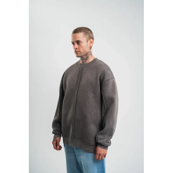 Unisex Bisiklet Yaka Özel Pis Dikişli Yıkamalı SweatShirt - Füme