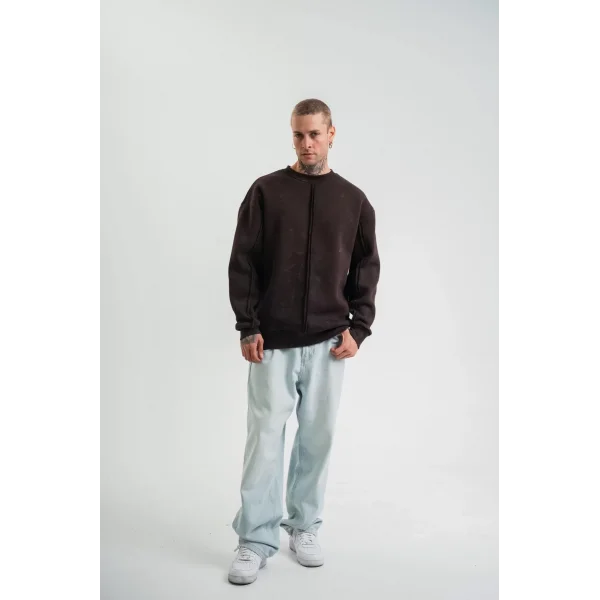 Unisex Bisiklet Yaka Özel Pis Dikişli Yıkamalı SweatShirt - Kahve