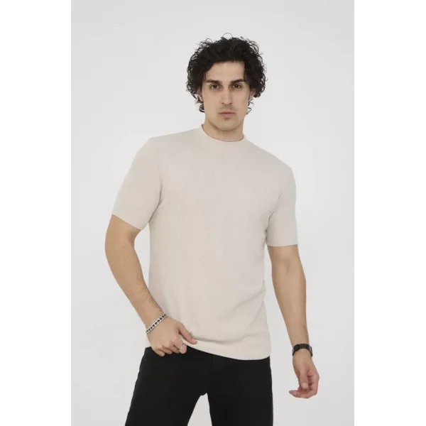 Unisex Bisiklet Yaka Slim Fit T-Shirt- Bej