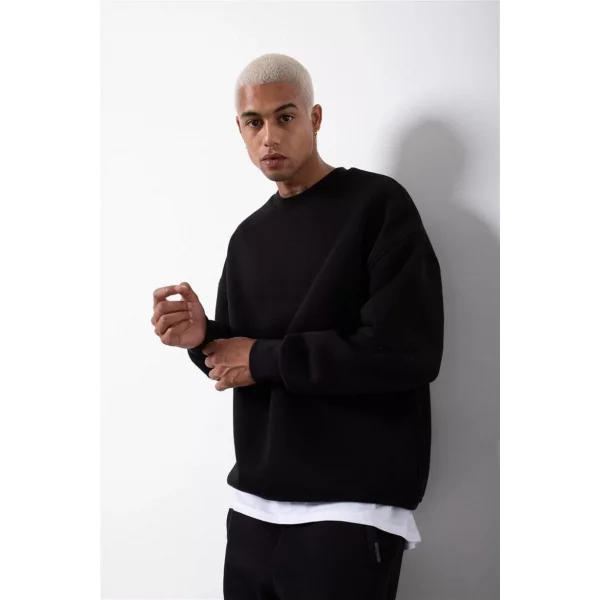 Unisex Biskilet Yaka Üç İplik SweatShirt - Siyah