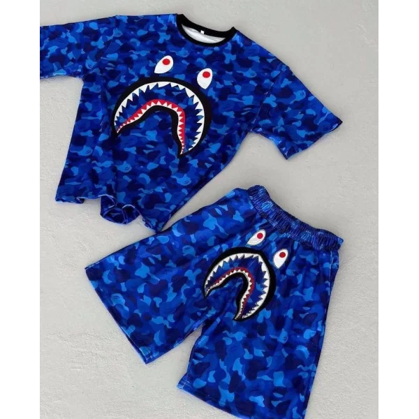Unisex Çocuk Dijital Baskılı Şortlu Takım - Mavi