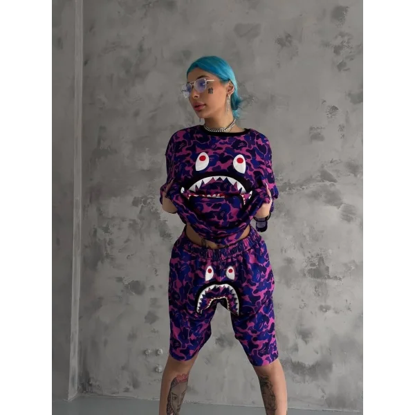 Unisex Dijital Baskılı Şortlu Takım - Mor