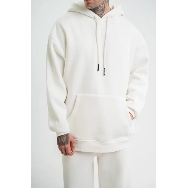 Unisex Double Oversize Kapşonlu Basic SweatShirt - Beyaz