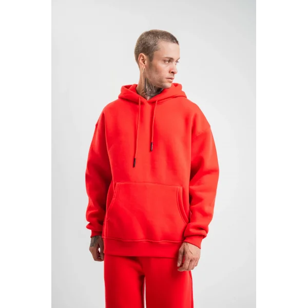 Unisex Double Oversize Kapşonlu Basic SweatShirt - Kırmızı
