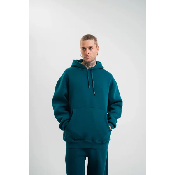 Unisex Double Oversize Kapşonlu Basic SweatShirt - Koyu Deniz Yeşili