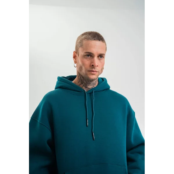 Unisex Double Oversize Kapşonlu Basic SweatShirt - Koyu Deniz Yeşili