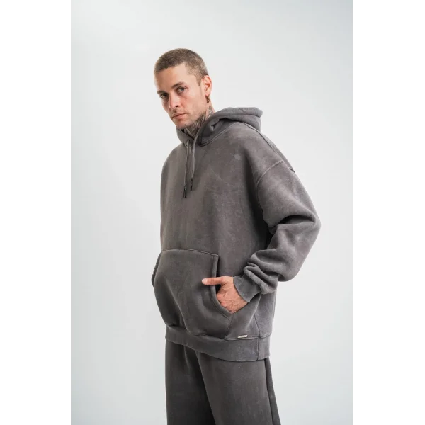Unisex Double Oversize Kapşonlu Yıkamalı SweatShirt - Füme