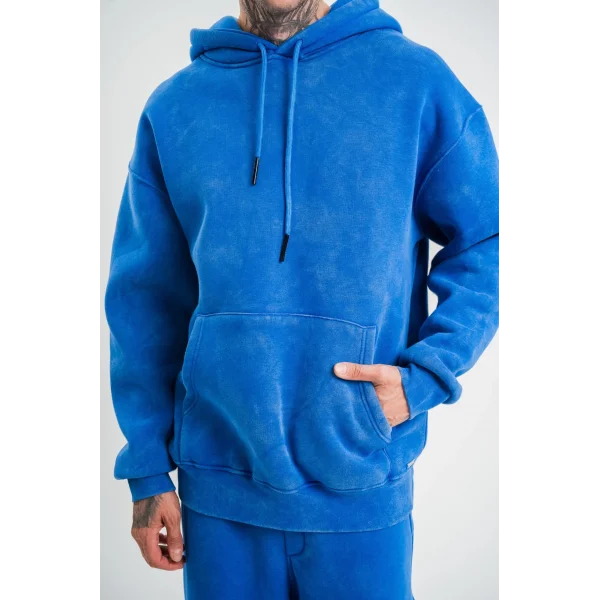 Unisex Double Oversize Kapşonlu Yıkamalı SweatShirt - Mavi