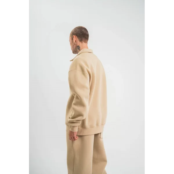Unisex Double Oversize Patlı Yaka SweatShirt - Bej