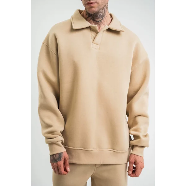 Unisex Double Oversize Patlı Yaka SweatShirt - Bej