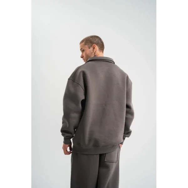 Unisex Double Oversize Patlı Yaka SweatShirt - Füme