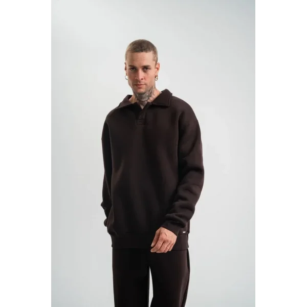 Unisex Double Oversize Patlı Yaka SweatShirt - Kahve