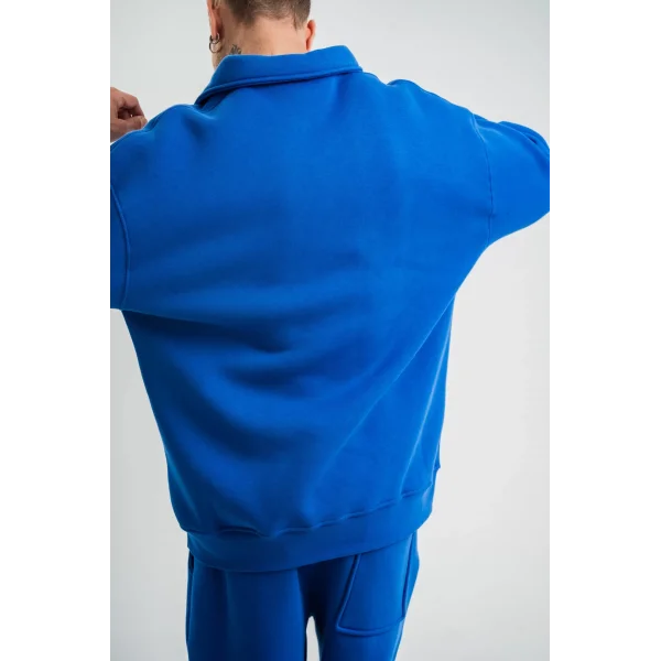 Unisex Double Oversize Patlı Yaka SweatShirt - Mavi