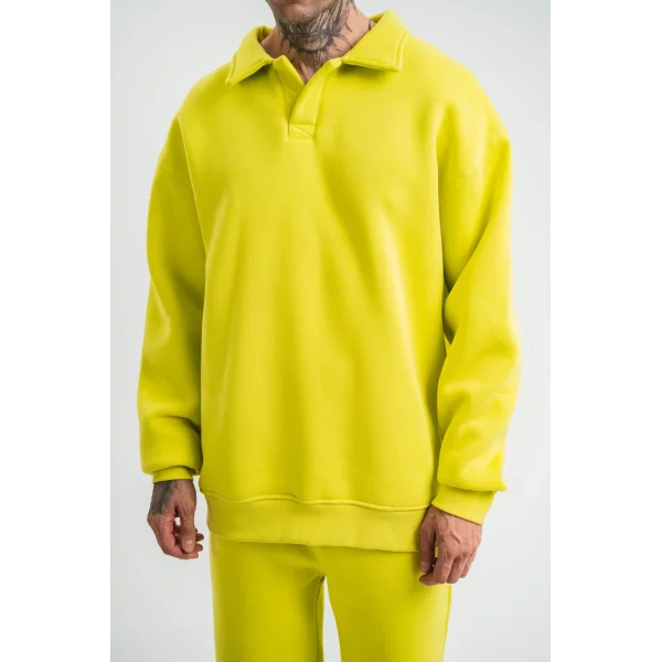 Unisex Double Oversize Patlı Yaka SweatShirt - Sarı