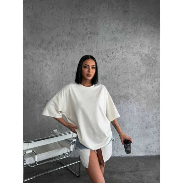 Unisex Düz Biskilet Yaka Oversize T-shirt - Beyaz