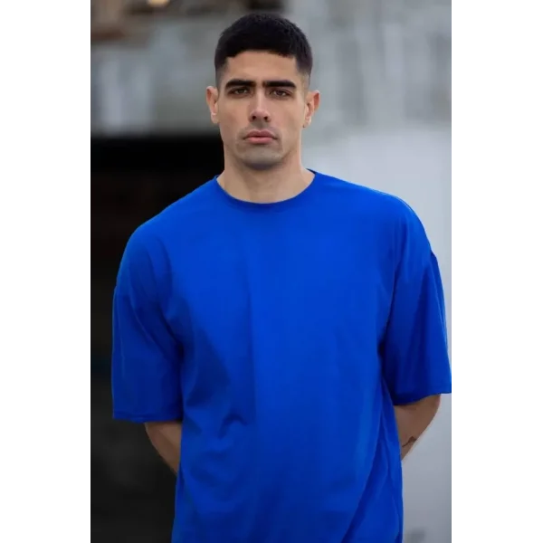 Unisex Düz Biskilet Yaka Oversize T-shirt - Mavi