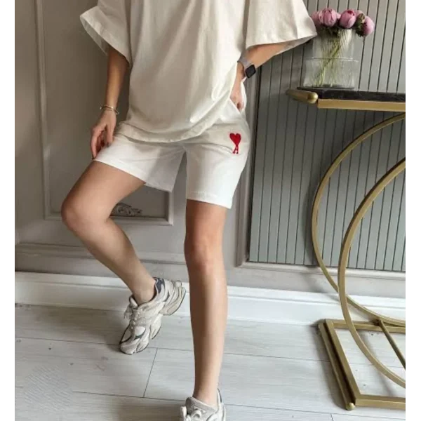 Unisex İki İplik Baskılı Cepli Oversize Şort - Beyaz