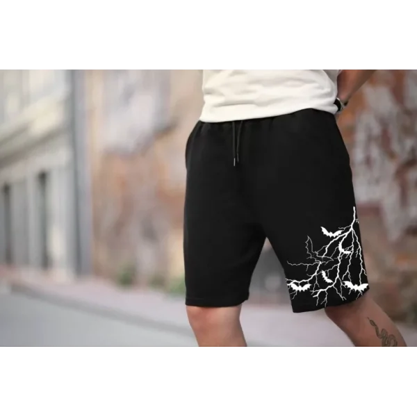 Unisex İki İplik Baskılı Oversize Şort - Siyah