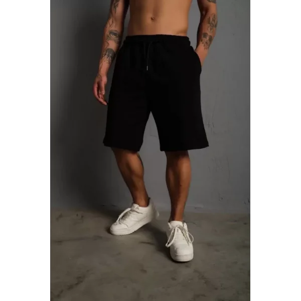 Unisex İki İplik Düz Oversize Şort - Siyah