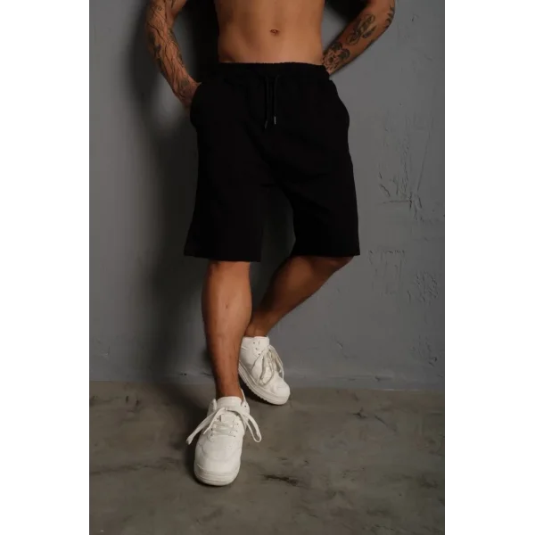 Unisex İki İplik Düz Oversize Şort - Siyah