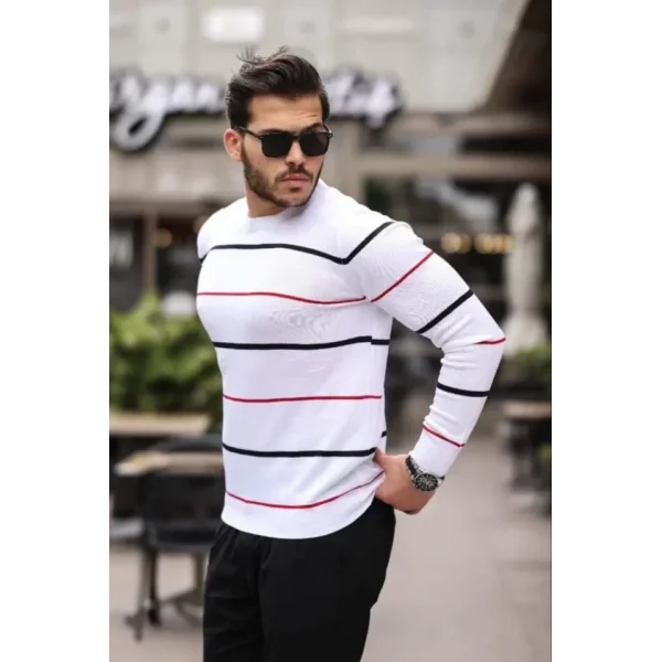 Unisex İnce Çizgili Bisiklet Yaka Triko Kazak - Beyaz