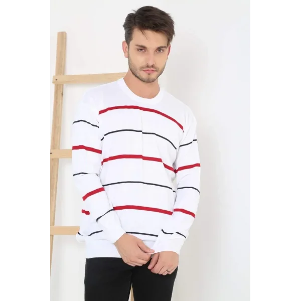 Unisex İnce Çizgili Bisiklet Yaka Triko Kazak - Beyaz