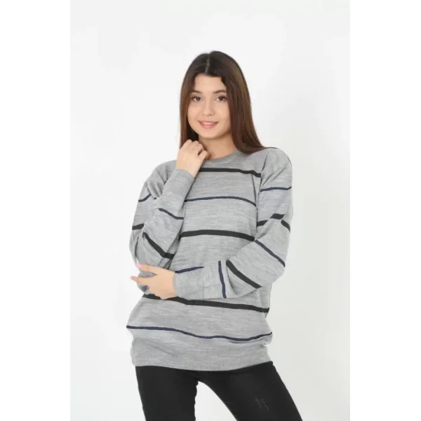 Unisex İnce Çizgili Bisiklet Yaka Triko Kazak  Gri