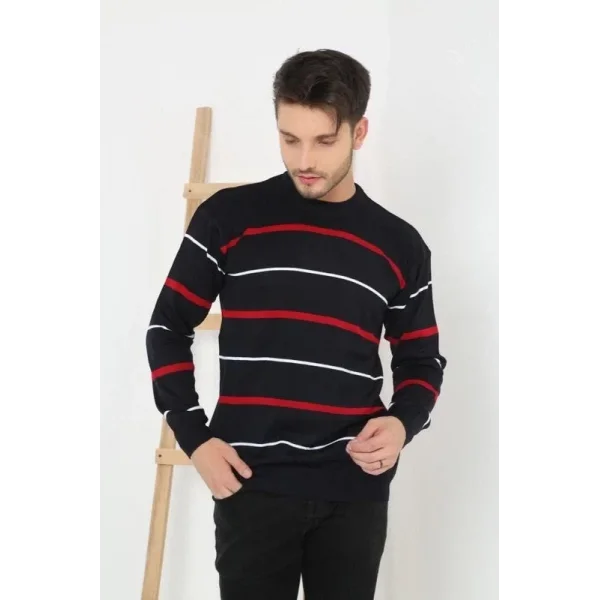 Unisex İnce Çizgili Bisiklet Yaka Triko Kazak - Lacivert