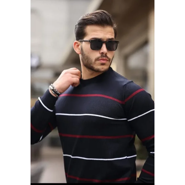 Unisex İnce Çizgili Bisiklet Yaka Triko Kazak - Lacivert